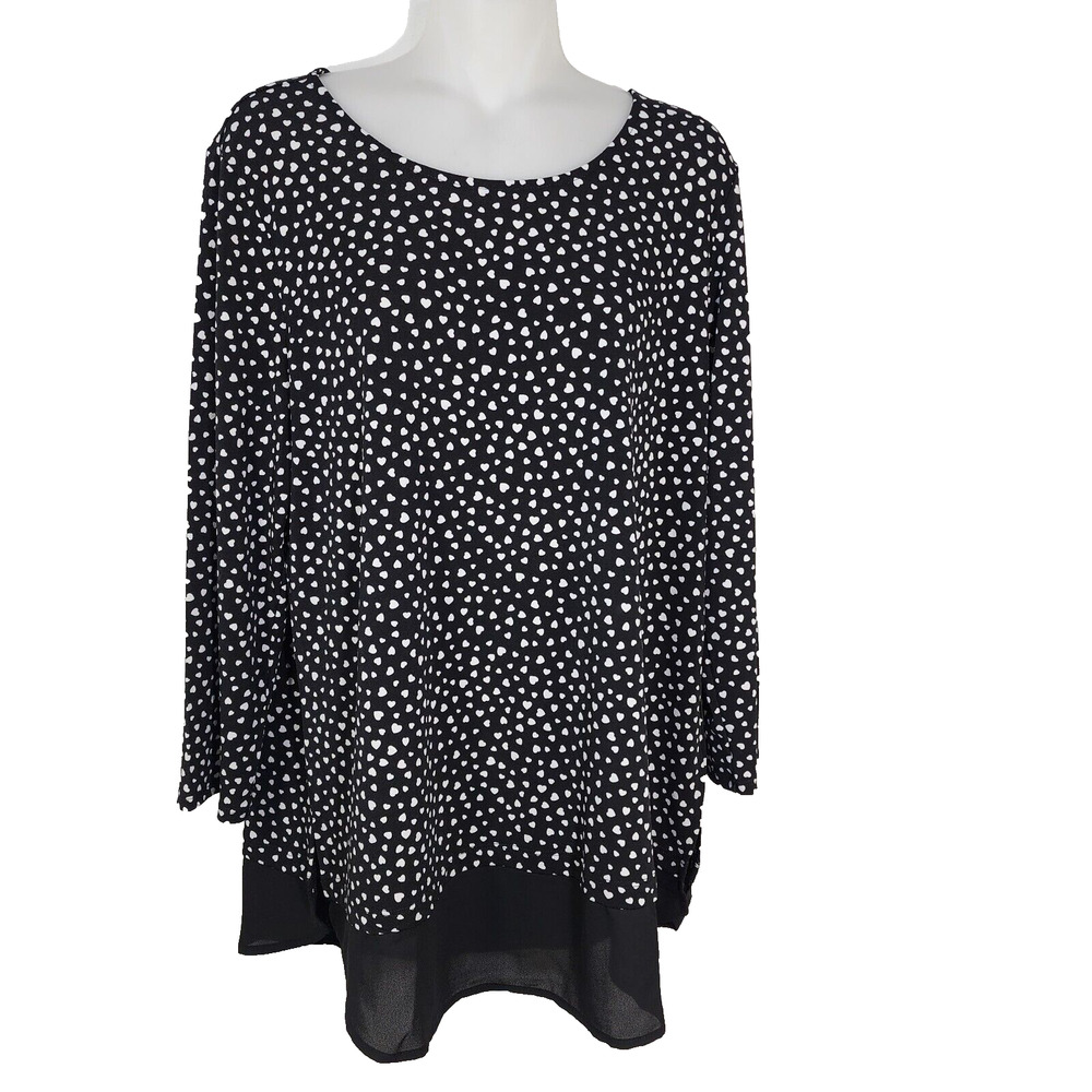 Adrianna Papell Women Tunic Top Large 3/4 Sleeve Blouse Black Heart Print Lattic